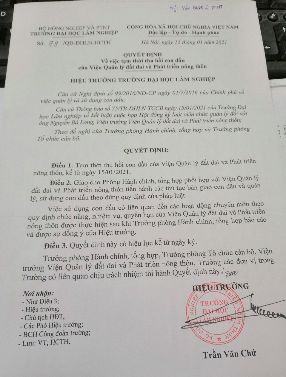 Ông Nguyễn Bá Long khiếu nại quyết định kỷ luật của Hiệu trưởng Trường Đại học Lâm nghiệp