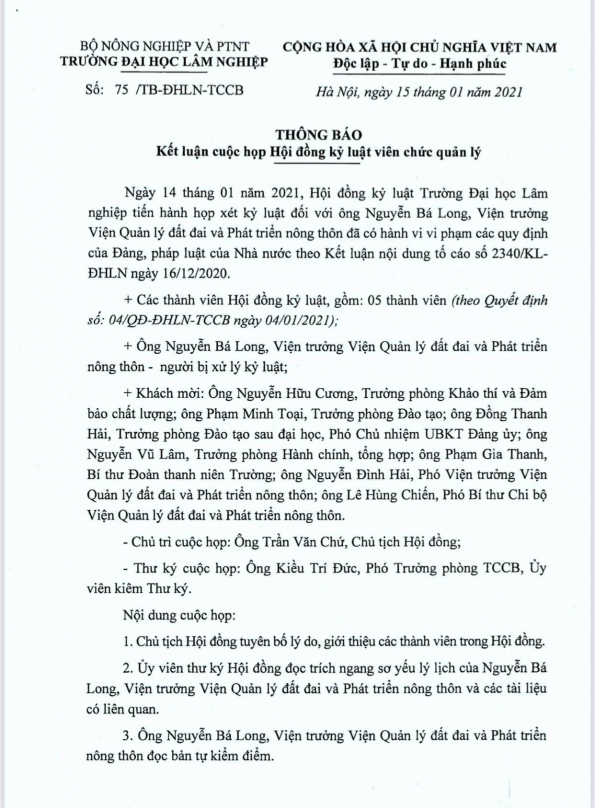 Ông Nguyễn Bá Long khiếu nại quyết định kỷ luật của Hiệu trưởng Trường Đại học Lâm nghiệp
