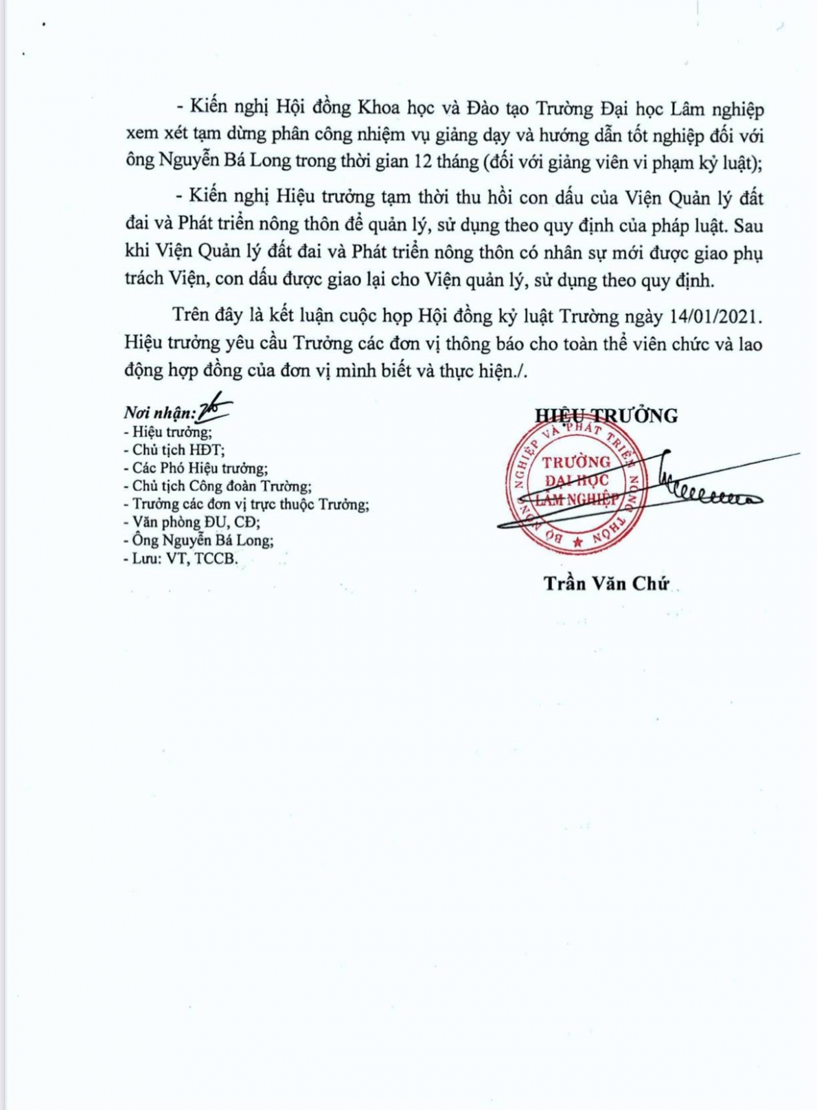 Ông Nguyễn Bá Long khiếu nại quyết định kỷ luật của Hiệu trưởng Trường Đại học Lâm nghiệp