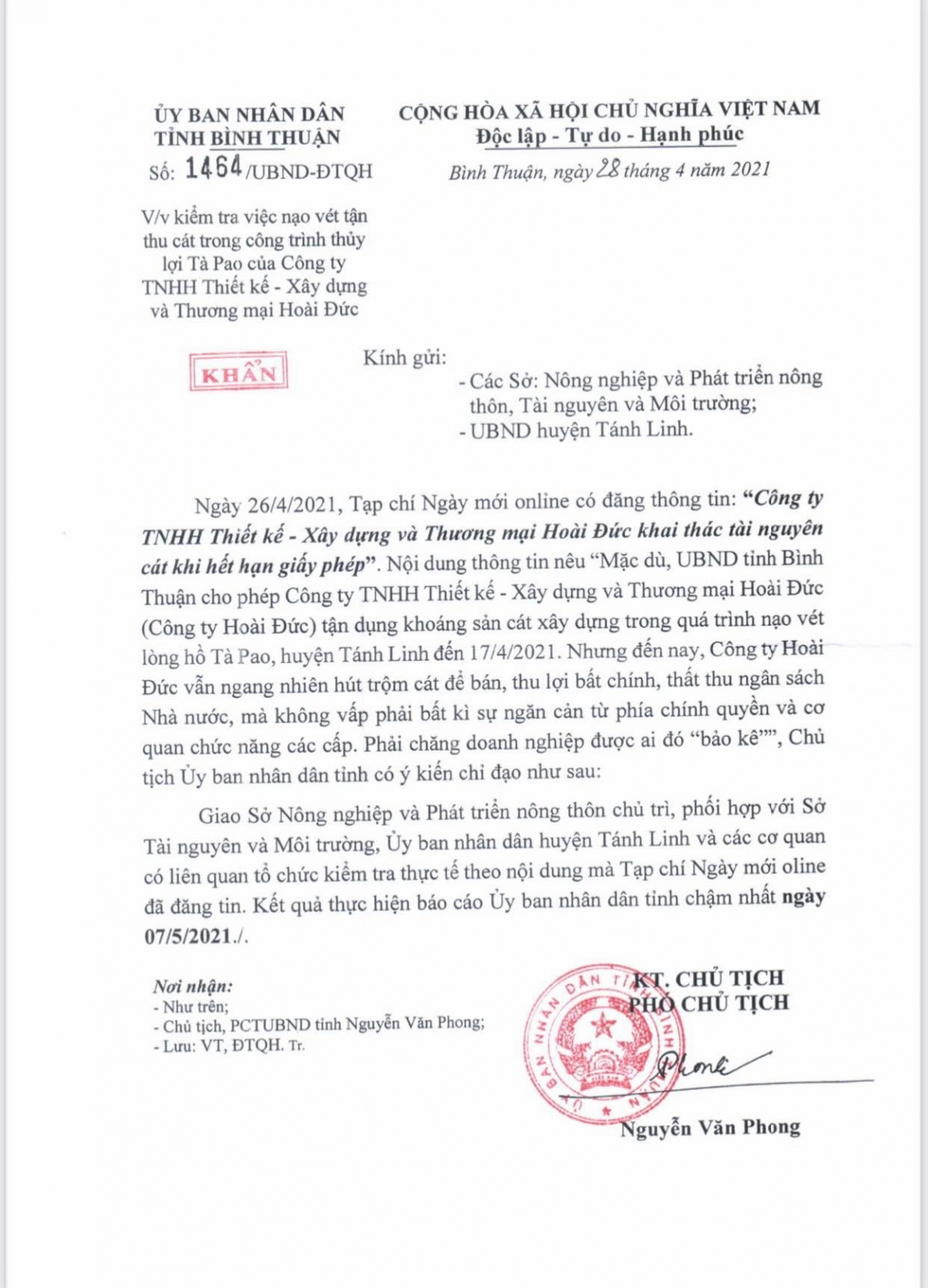 Công ty TNHH thiết kế- xây dựng thương mại Hoài Đức khai thác hết phép và sự chỉ đạo của chủ tịch UBND tỉnh Bình Thuận