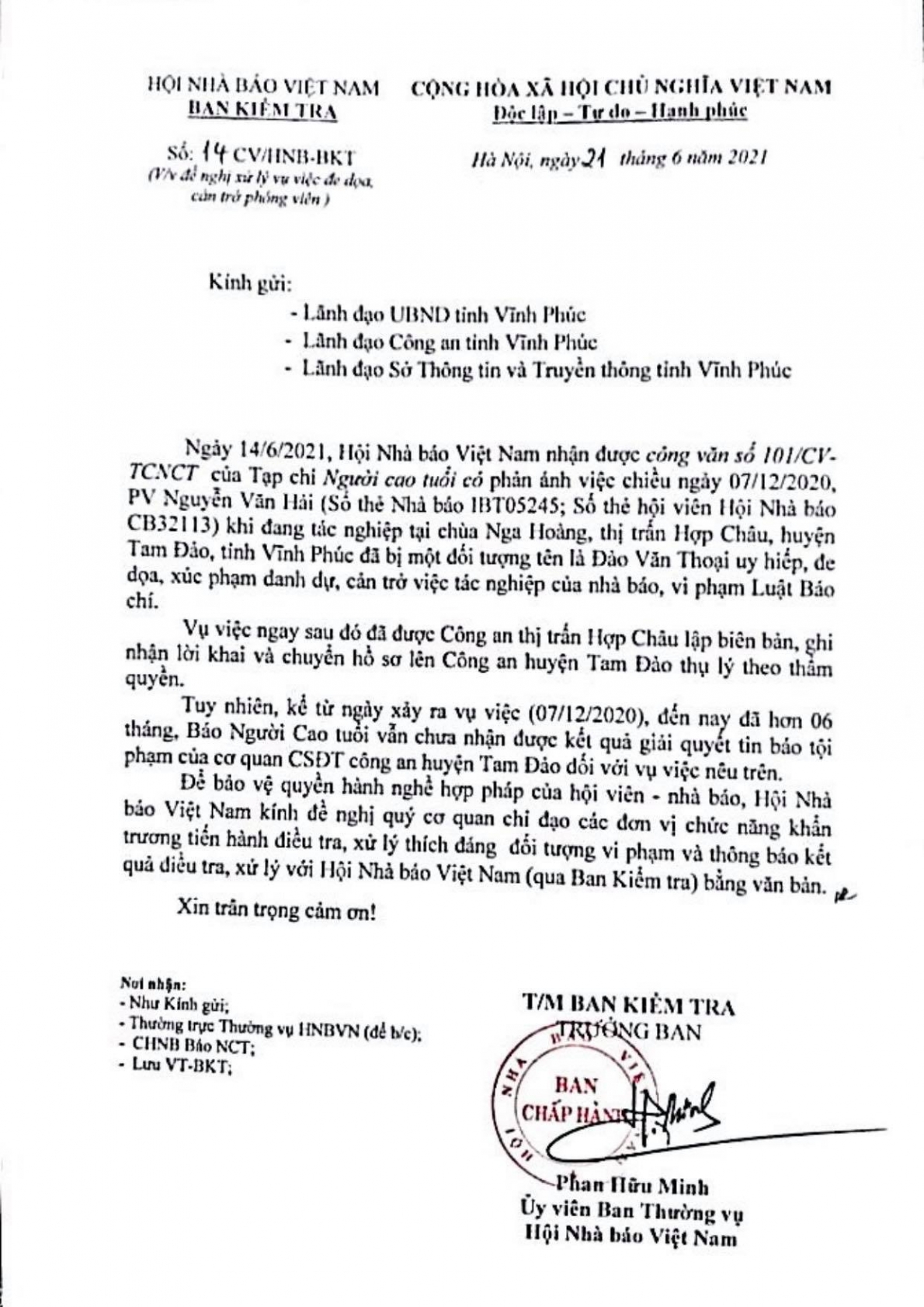 Hội Nhà báo Việt Nam yêu cầu làm rõ việc cản trở nhà báo tác nghiệp tại chùa Nga Hoàng