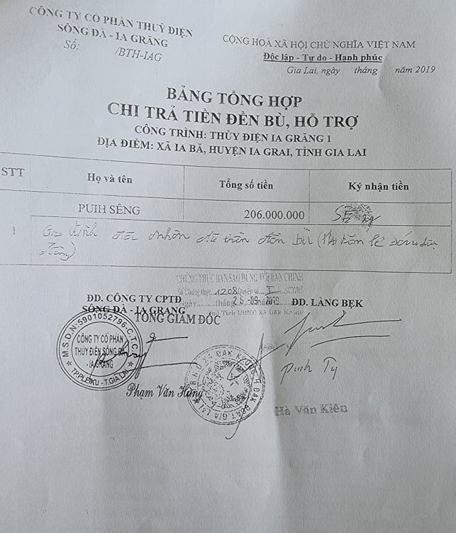 Hồ sơ tri trả tiền và có xác nhận của ông Puih Siêng ở làng Bẹk, xã Ia Bă 