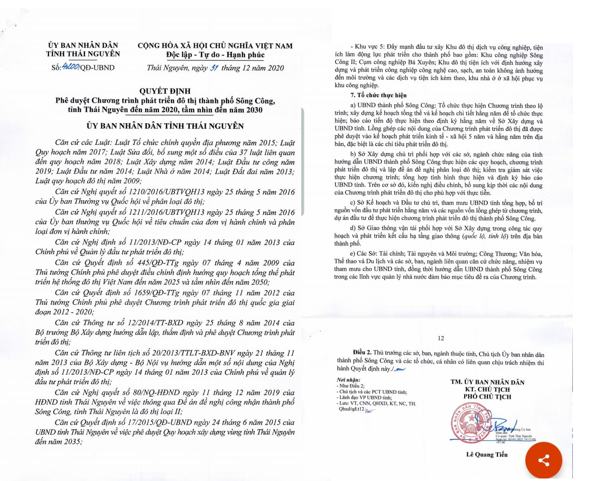 Ông Lê Quang Tiến, Phó Chủ tịch UBND tỉnh Thái Nguyên đã ký, ban hành Quyết định số: 4200/QĐ-UBND tỉnh Thái Nguyên phê duyệt “Chương trình phát triển đô thị thành phố Sông Công, tỉnh Thái Nguyên đến năm 2020, tầm nhìn đến năm 2030