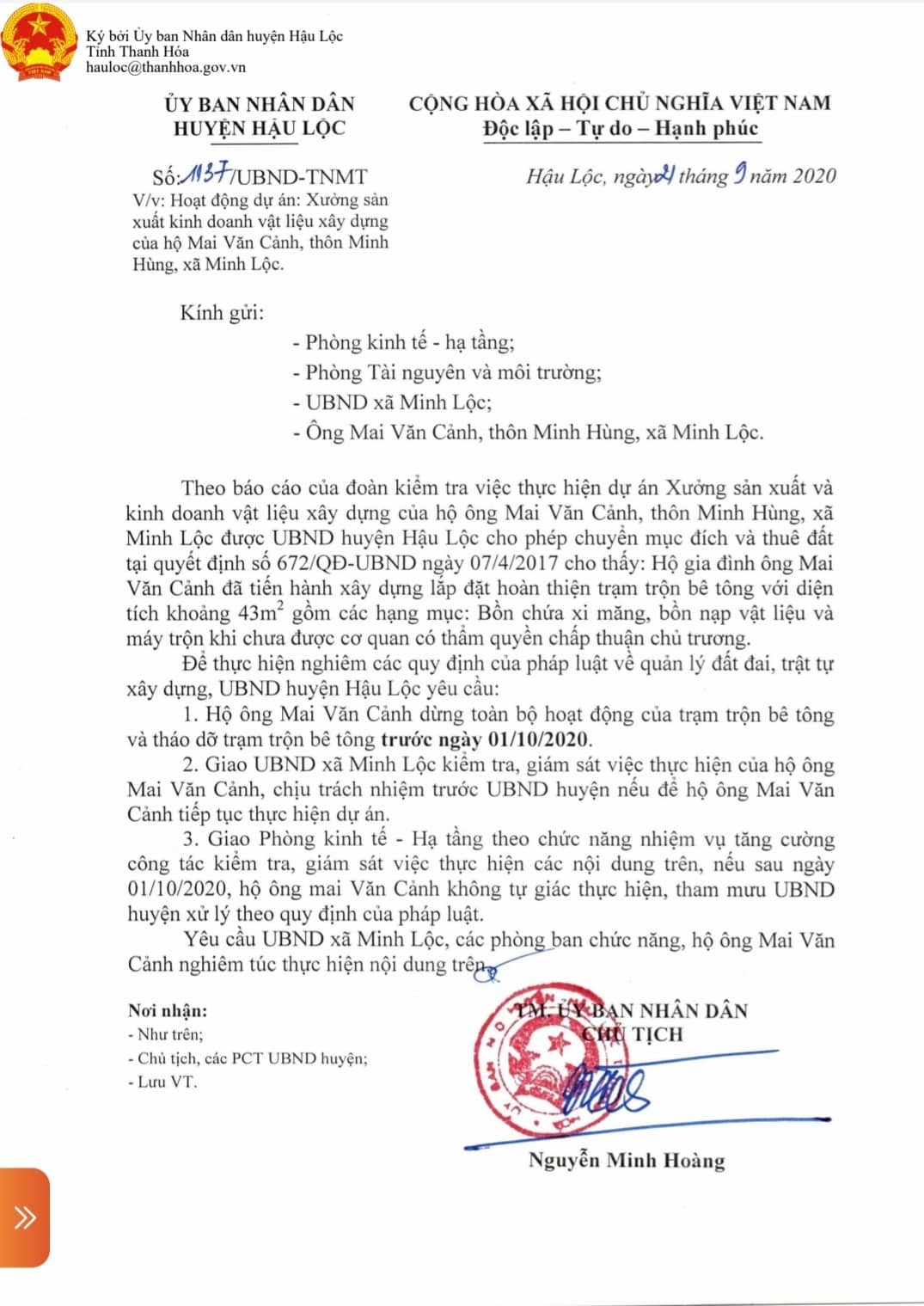 Quyết định số: 1137/UBND-TNMT yêu cầu ông Mai Văn Cảnh dừng toạn bộ hoạt động trạm trộn bê tông và thao dỡ trạm trộn bê tông trước ngày 1/10/2020