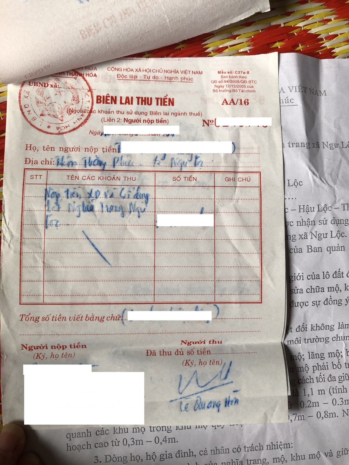 Biên lai thu tiền Biên lai thu tiền