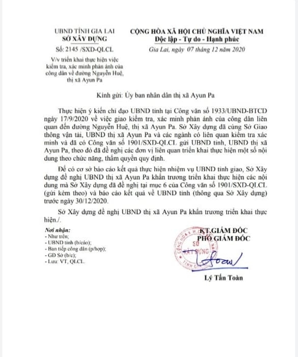 Ngày 7/12/2020 Sở Xây dựng có văn bản số: 2145 /SXD-QLCL gửi UBND thị xã Ayun Pa