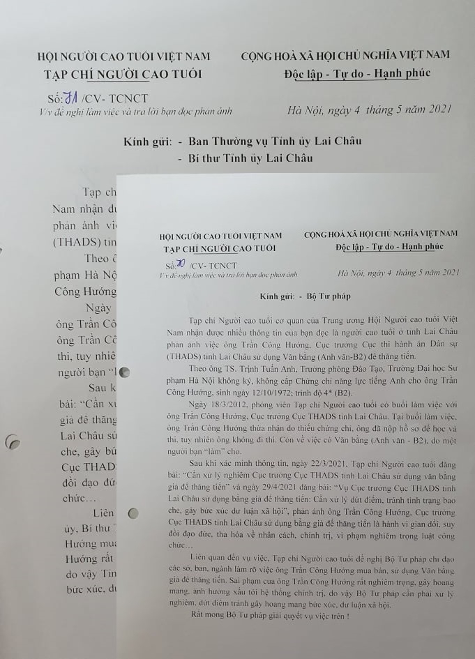 có Công văn số: 70/CV-TCNCT gửi Bộ Tư pháp và Công văn số: 71/CV-TCNCT gửi Thường vụ Tỉnh ủy Lai Châu, Bí thư Tỉnh ủy Lai Châu 