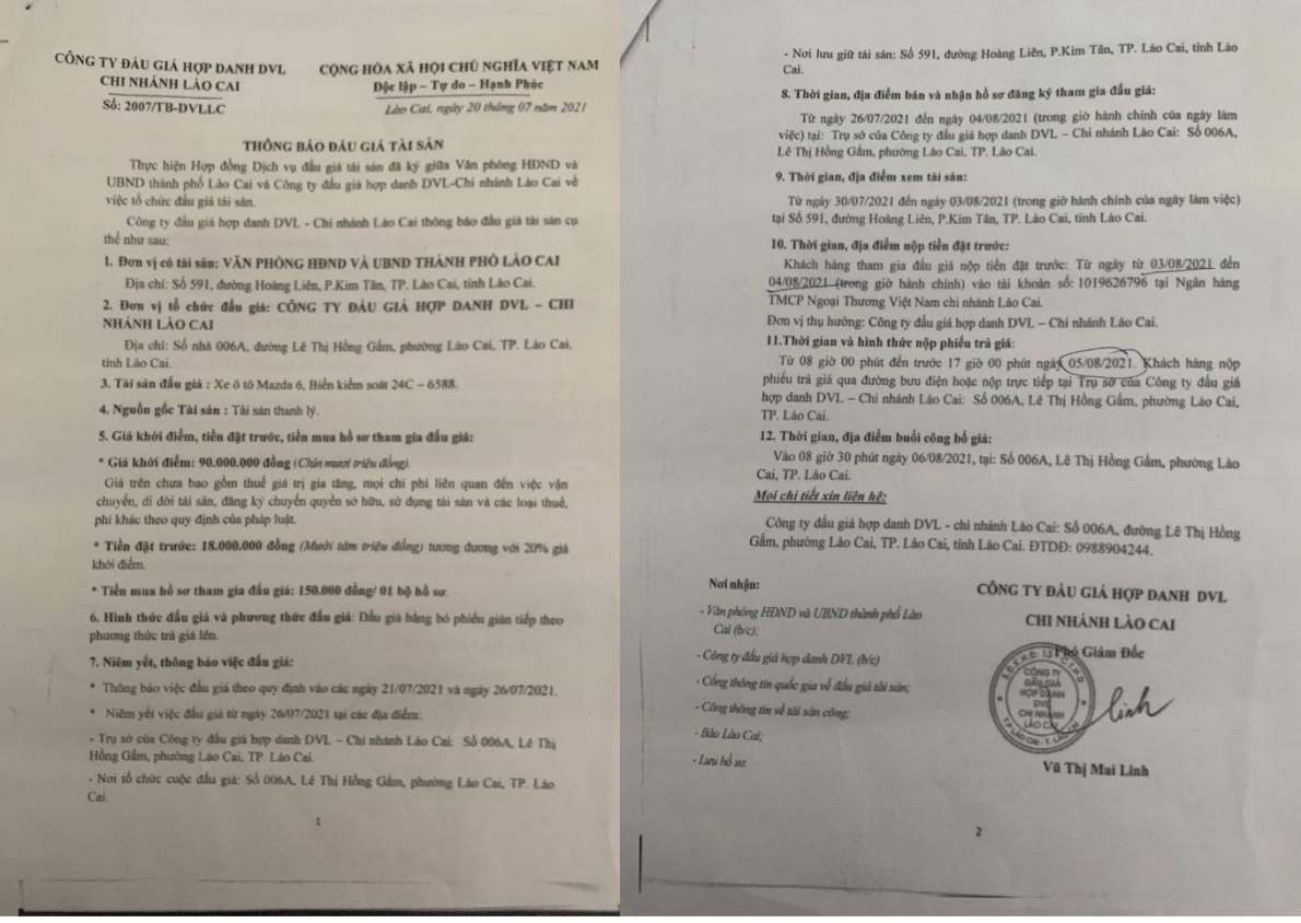 Thông báo đấu giá số: 2007/TB-DVLLC ngày 20/7/2021 của Công ty đấu giá hợp danh DVL