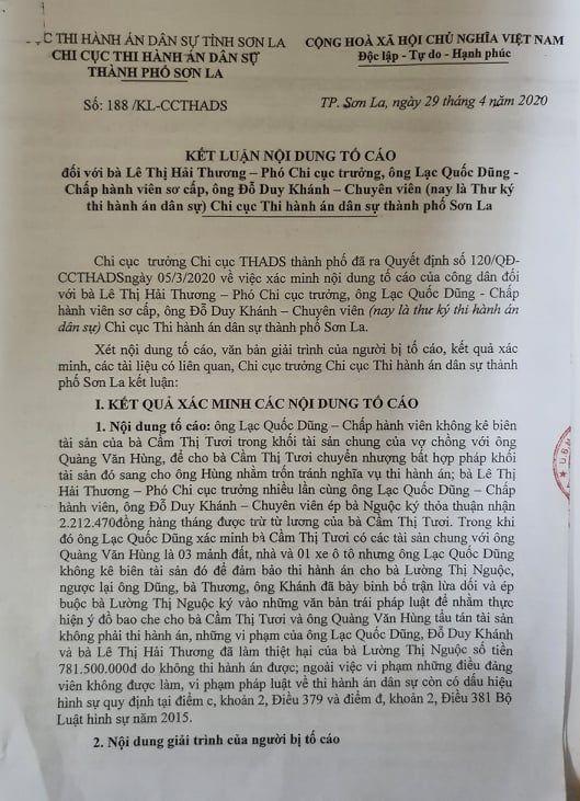 Ngày 19/4/2020, ông Trịnh Cương Quyết Chi cục Trưởng THADS TP Sơn La ra Kết luận số: 188/Kl-CCTHADS
