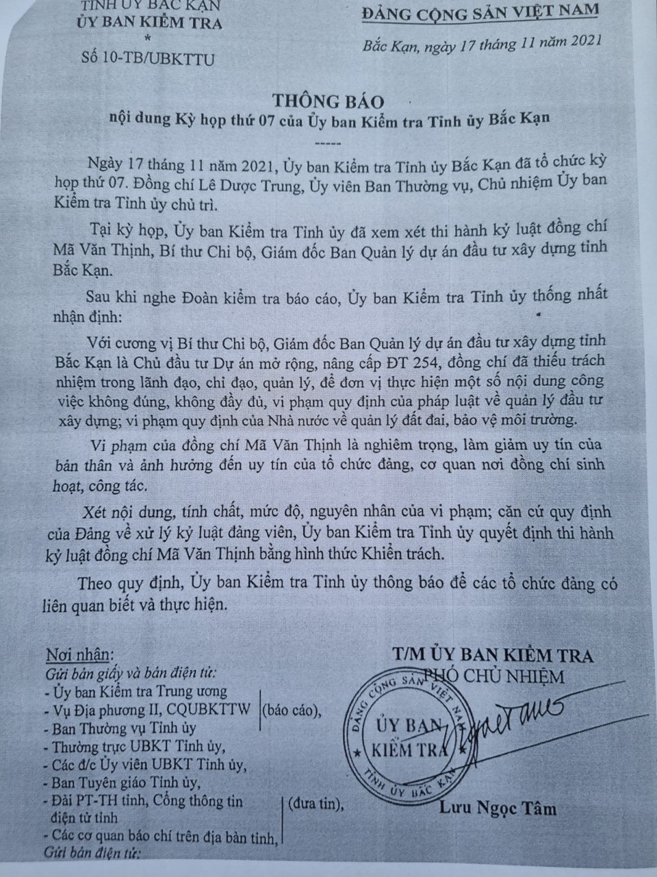  Thông báo của UBKT Tỉnh ủy Bắc Kạn cũng nêu rõ: “Vi phạm của đồng chí Mã Văn Thịnh là nghiêm trọng, làm giảm uy tín của bản thân và ảnh hưởng đến uy tín của tổ chức, cơ quan, đơn vị nơi đồng chí sinh hoạt, công tác”