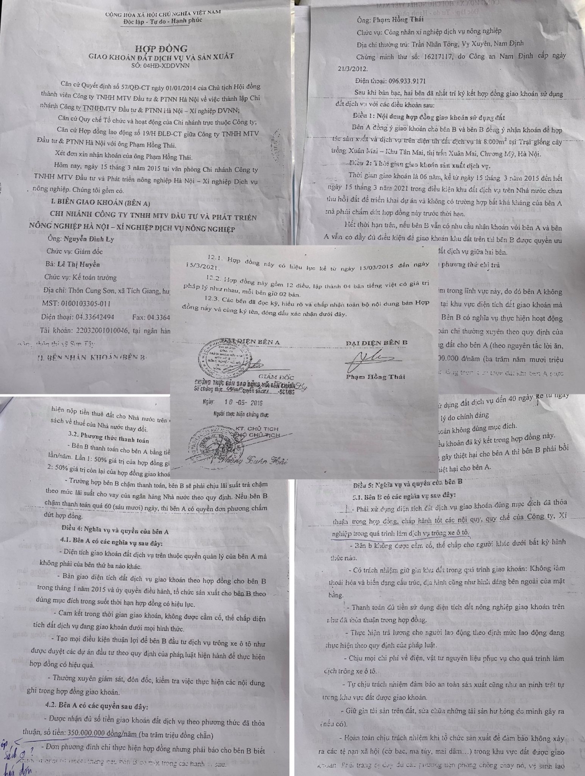 Hợp đồng giao khoán đất dịch vụ và sản xuất số 04HĐ – XNDVNN (giao khoán 305 triệu đồng/năm).