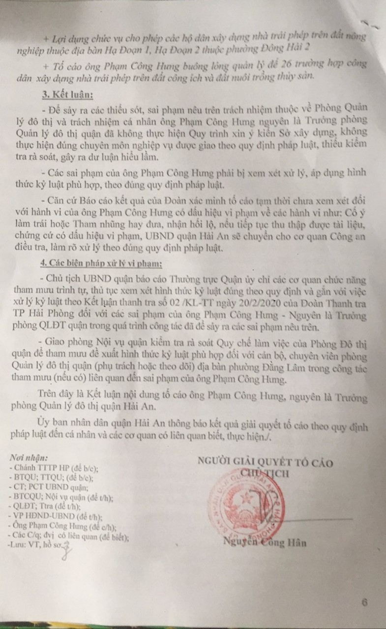 Hải Phòng: Chủ tịch quận Hải An kiến nghị xử lý vi phạm Bí thư phường Đằng Lâm