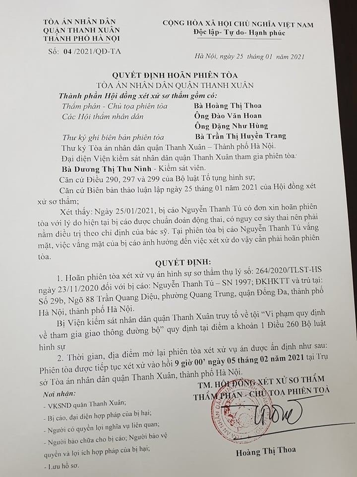 Hà Nội: Hoãn phiên tòa vụ án Vi phạm quy định về tham gia giao thông đường bộ