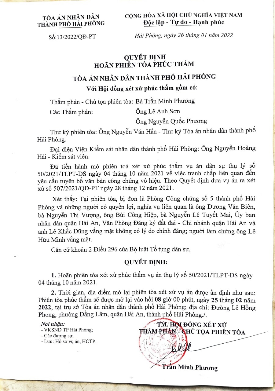 TAND Thành phố Hải Phòng: Hoãn phiên tòa xét xử phúc thẩm vụ tranh chấp đất đai của ông Lê Khắc Cường