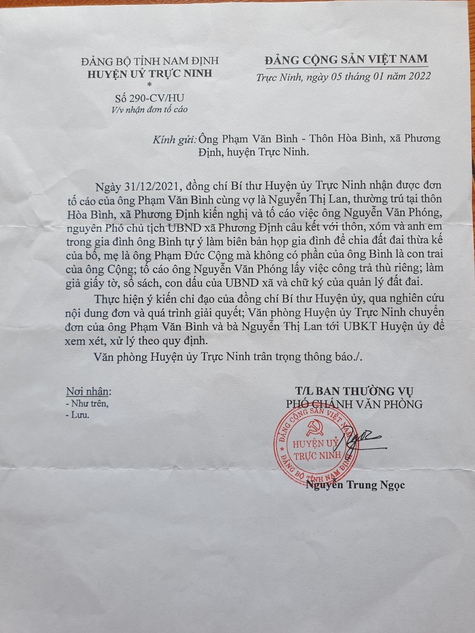 Chỉ đạo Ủy ban Kiểm tra Huyện ủy xem xét xử lý vụ bà Lan tố cáo Bí thư Đảng ủy xã Phương Định