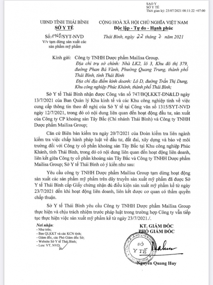 Sở y tế Thành phố Hồ Chí Minh phát hiện vi phạm tại Thẩm mỹ viện Mailisa