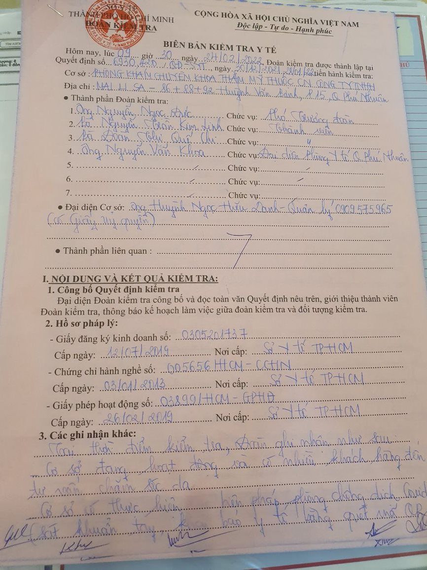 Sở y tế Thành phố Hồ Chí Minh phát hiện vi phạm tại Thẩm mỹ viện Mailisa