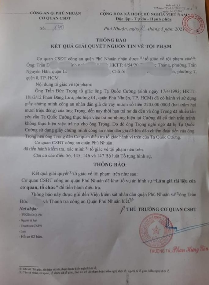 TP. Hồ Chí Minh: Khởi tố vụ án cựu Công an lừa đảo chiếm đoạt tiền của người dân