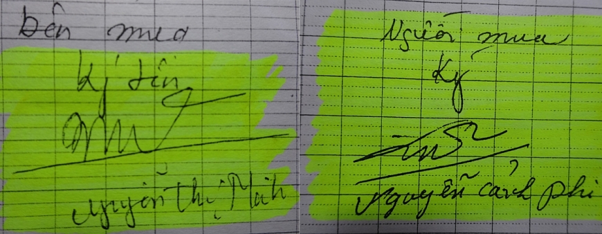 Chữ kí của Nguyễn Thị Minh và Nguyễn Cảnh Phi trong giấy sang nhượng đất rẫy ngày 30/4/2019 là chữ kí giả mạo. Chữ kí Nguyễn Thị Minh và Nguyễn Cảnh Phi giả trong Biên bản bàn giao đất ngày 3/5/2019.