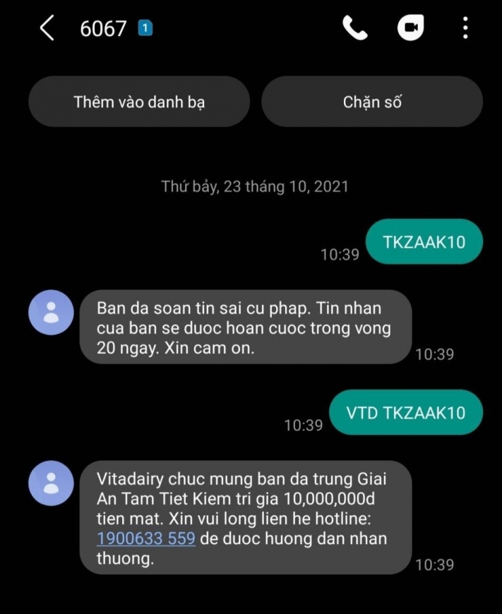 Khách hàng chỉ cần soạn tin nhắn theo cú pháp, Tổng đài sẽ báo ngay kết quả trúng thưởng