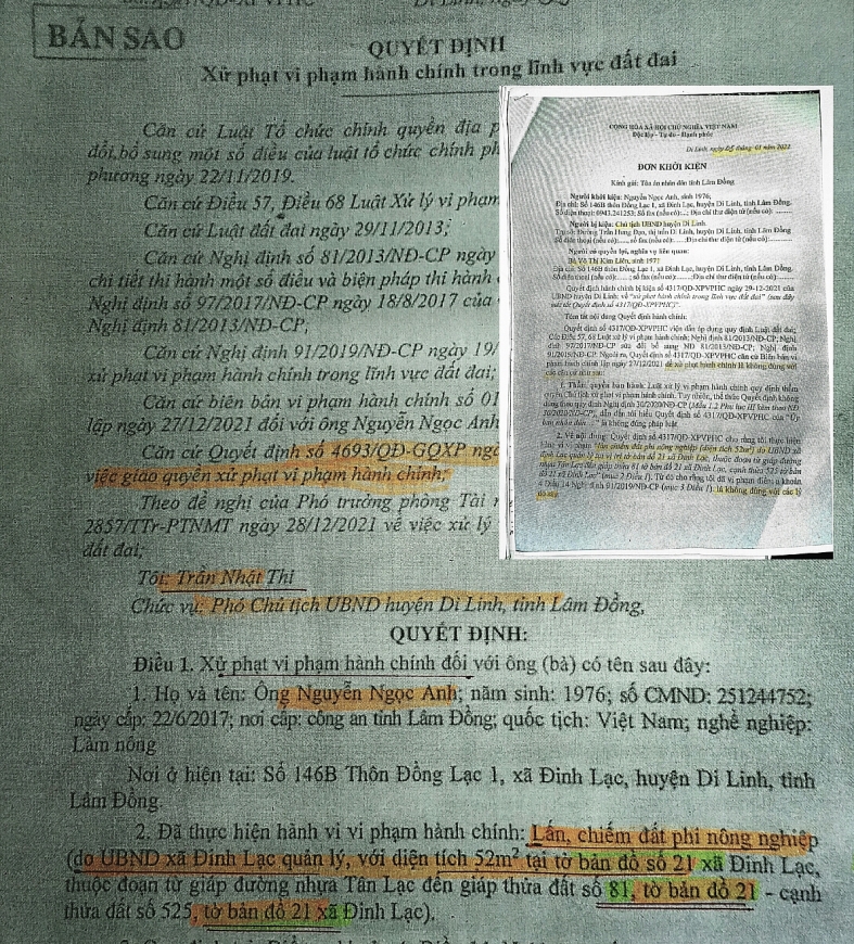 Quyết định xử phạt và đơn khởi kiện của ông Anh (ảnh nhỏ)