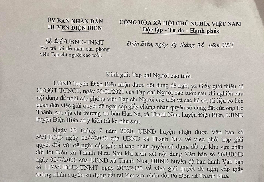 Văn bản số 226/UBND-TNMT của UBND huyện Điện Biên trả lời Tạp chí Người cao tuổi.