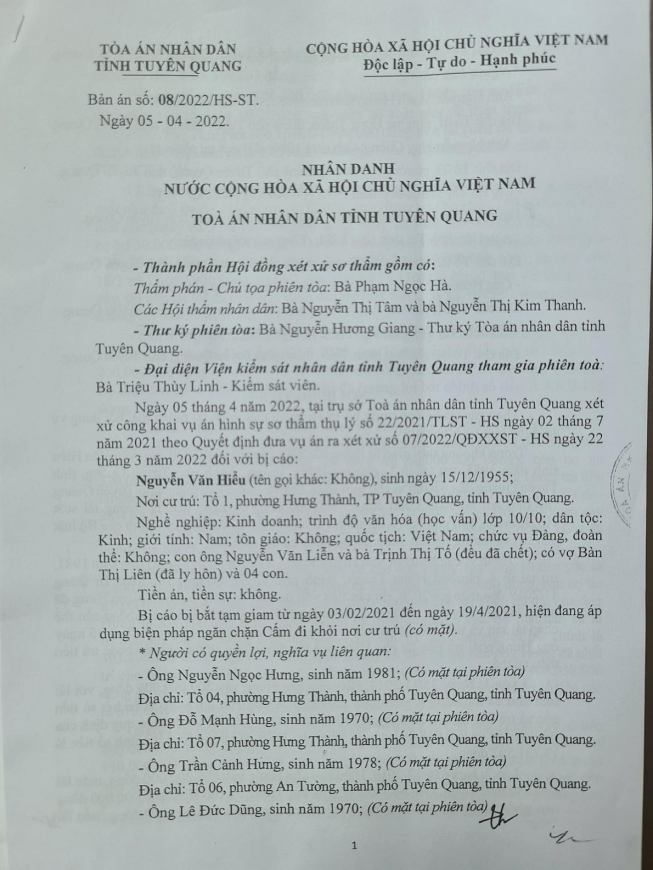Bản án số 08/2022/HS-ST ngày 5/4/2022 của TAND tỉnh Tuyên Quang.