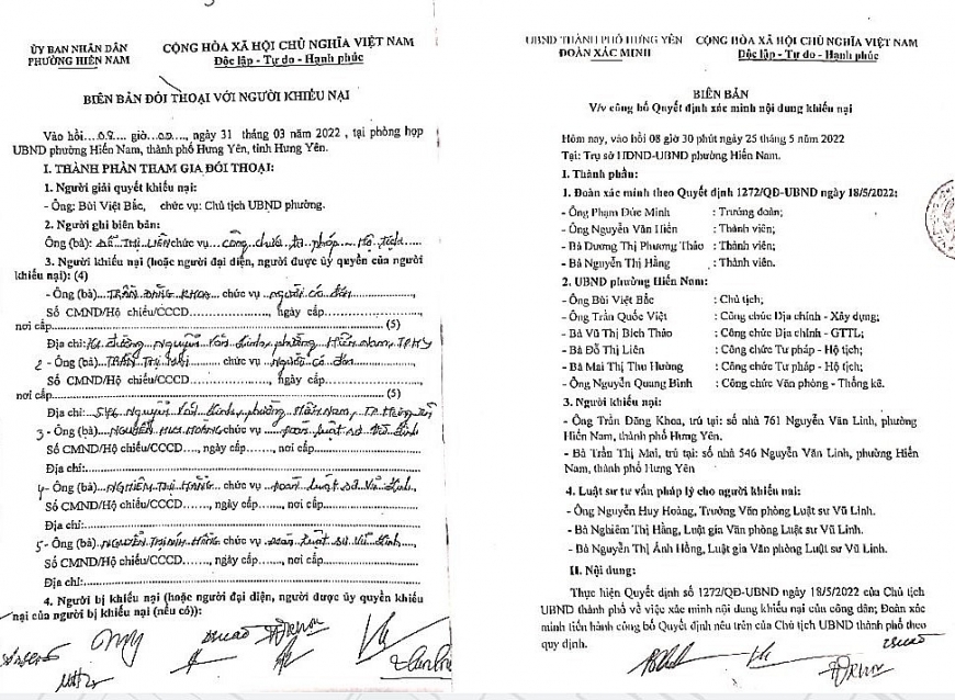 Biên bản các buổi đối thoại và làm việc có chữ kí của nhà báo Nghiêm Thị Hằng, thành viên của Văn phòng Luật sư Vũ Linh.