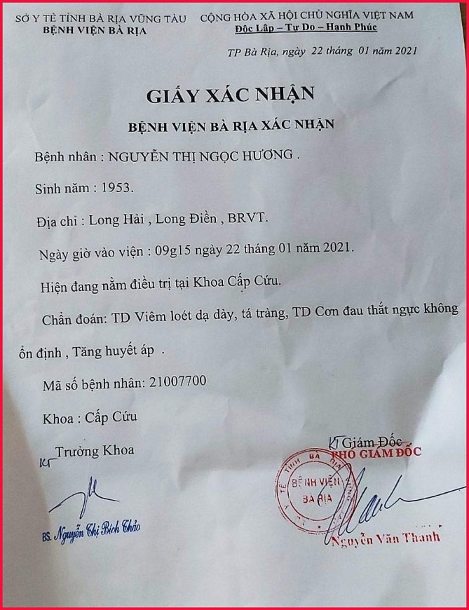 Giấy xác nhận của Bệnh viện Bà Rịa chuẩn đoán bà Hương bị bệnh nhập Khoa cấp cứu lúc 9 giờ 15 phút ngày 22/1/2021.