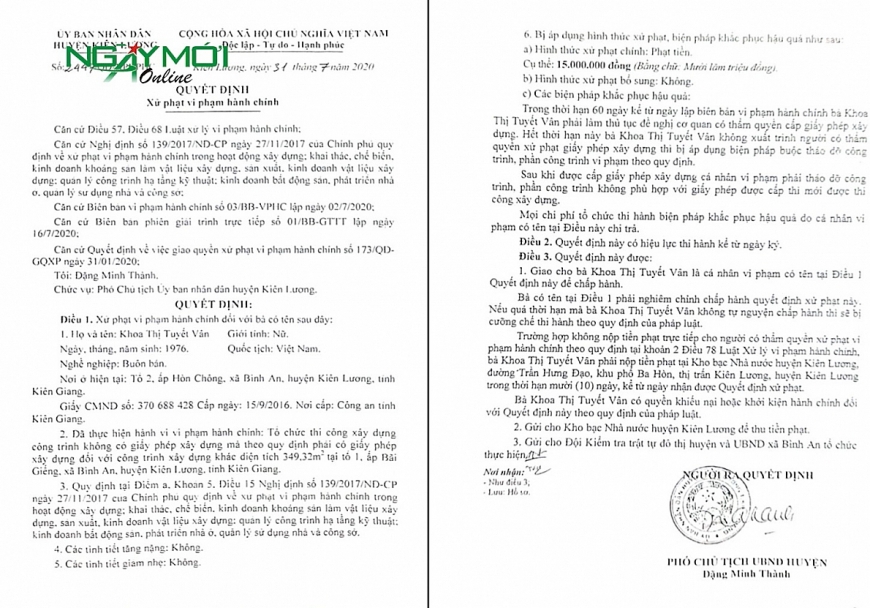Quyết định xử phạt vi phạm hành chính của UBND huyện Kiên Lương đối với Công ty TNHH Tuyết Vân khi xây dựng hệ thống nhà hàng không phép.
