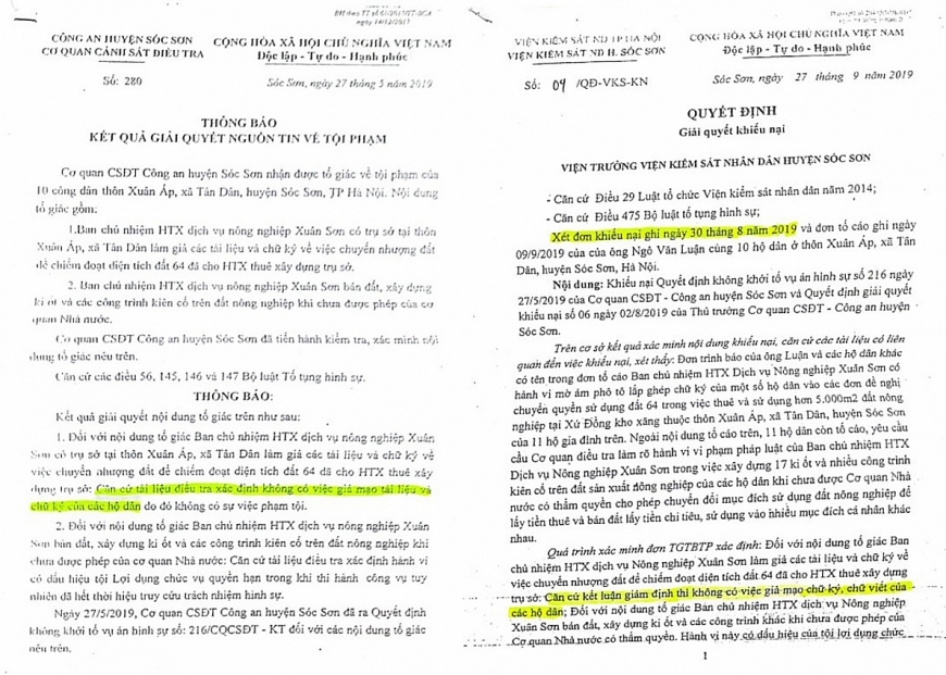 Thông báo số 280 ngày 27/5/2019 của Cơ quan CSĐT, Công an huyện Sóc Sơn về kết quả giải quyết nguồn tin về tội phạm.         3-Quyết định về việc giải quyết khiếu nại của Viện KSND huyện Sóc Sơn.    