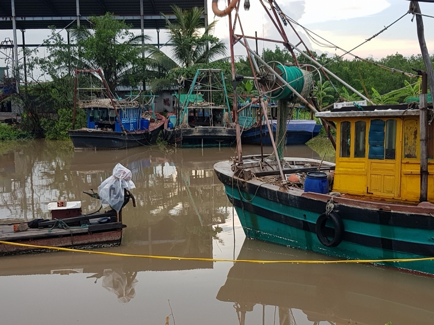      Bốn trong hàng chục tàu đánh bắt thủy sản ở phường Phong Hải  đỗ bờ từ nhiều tháng nay.
