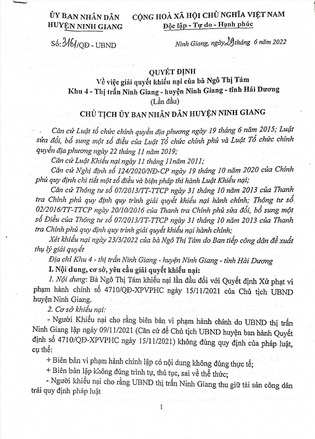 Quyết định giải quyết khiếu nại của UBND huyện Ninh Giang đối với trường hợp bà Ngô Thị Tám