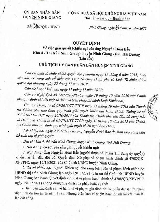 Quyết định giải quyết khiếu nại ngày 29/6/2022 của UBND huyện Ninh Giang.