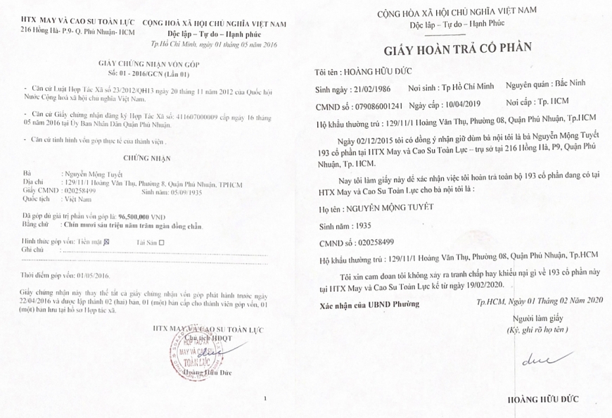 Giấy chứng nhận góp đủ vốn ngày 1/5/2016 của cụ Nguyễn Mộng Tuyết và Giấy hoàn trả cổ phần của ông Hoàng Hữu Đức cho cụ Nguyễn Mộng Tuyết. Giấy chứng nhận góp đủ vốn ngày 1/5/2016 của cụ Nguyễn Mộng Tuyết và Giấy hoàn trả cổ phần của ông Hoàng Hữu Đức cho cụ Nguyễn Mộng Tuyết.