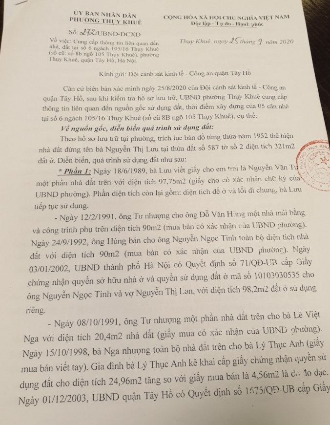 UBND phường Thuỵ Khuê báo cáo bằng văn bản gửi Công an quận Tây Hồ về vụ việc