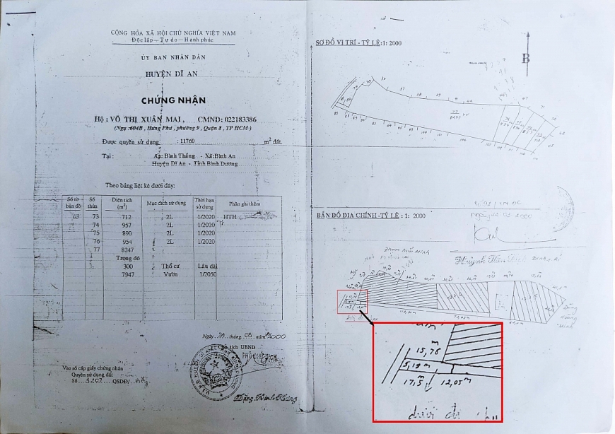 -Giấy chứng nhận quyền sử dụng đất của bà Võ Thị Xuân Mai có lối đi chung rộng 5,19m, được cấp năm 2000