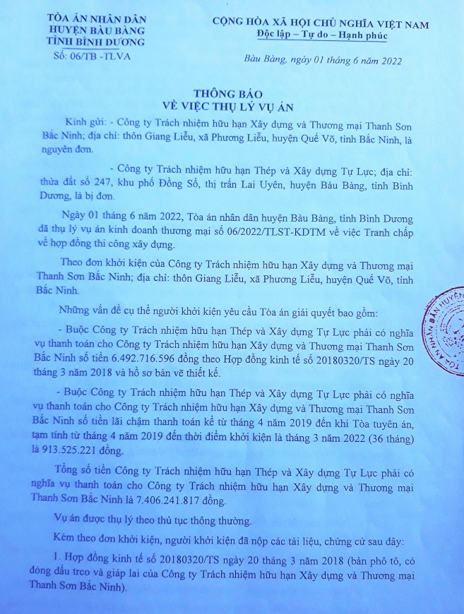 Chậm trả nợ, Công ty Tự Lực bị đối tác khởi kiện