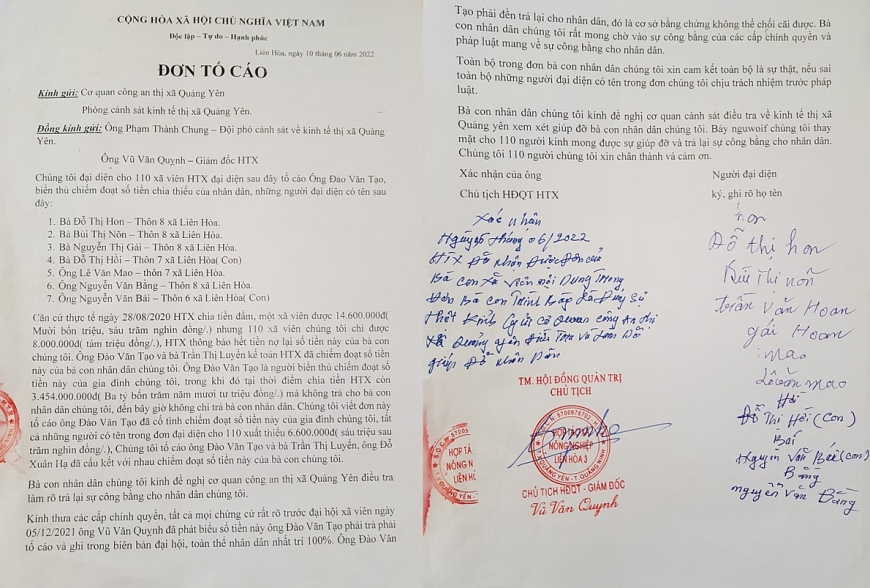 Đơn của các thành viên HTX tố cáo ông Đào Văn Tạo và Ban quản trị HTX Liên Hòa 3.