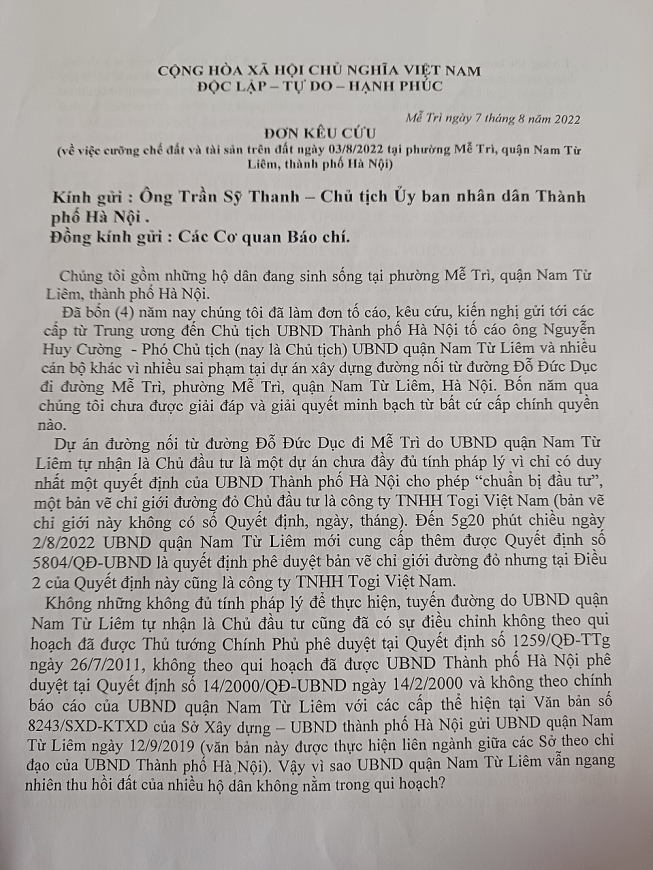Đơn kêu cứu của dân gửi Chủ tịch UBND TP Hà Nội và cơ quan báo chí