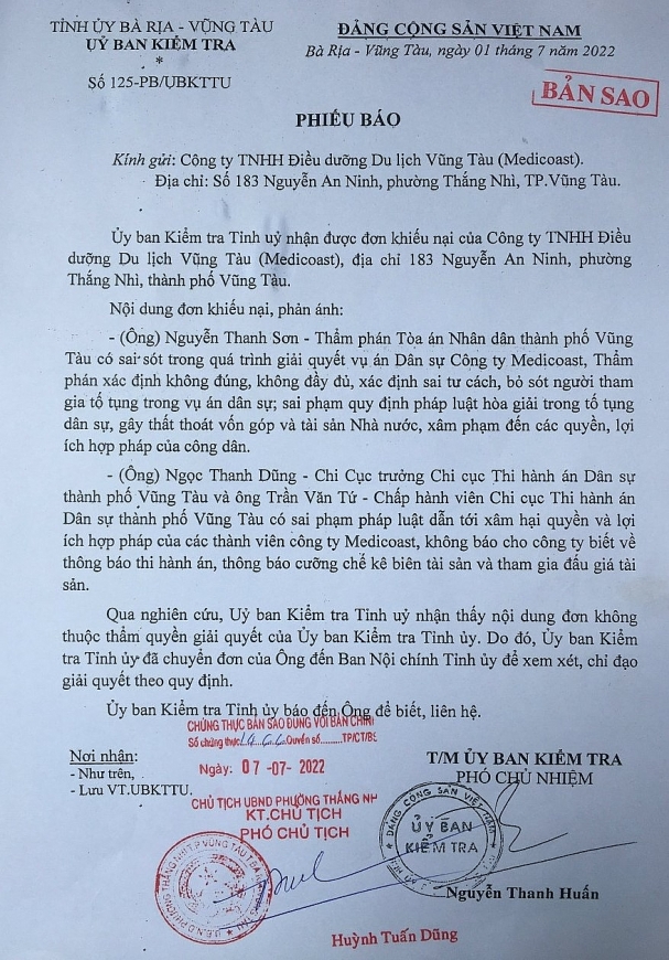 Phiếu báo số 125-PB/UBKTTU ngày 1/7/2022 của Ủy ban Kiểm tra Tỉnh uỷ Bà Rịa-Vũng Tàu gửi Công ty Medicoast.