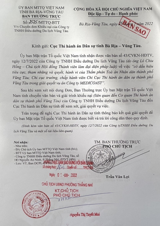 Văn bản số 2525/MTTQ-BTT ngày 25/7/2022 của Ủy ban MTTQ tỉnh về việc chuyển đơn khiếu nại của Công ty TNHH Điều dưỡng Du lịch Vũng Tàu gửi Cục THADS tỉnh BR-VT.