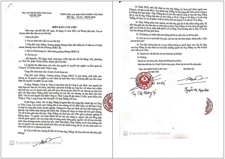 Biên bản làm việc ngày 10/12/2021 của TAND Cấp cao tại  Hà Nội “ép” Công ty Thủy Long phải trả cho ông Thắng, bà Xoa 30 tỉ đồng để chấm dứt khiếu kiện. 