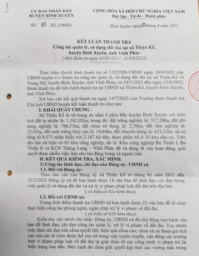 Cần xử lí nghiêm những sai phạm trong quản lí và sử dụng đất đai xảy ra tại xã Thiện Kế
