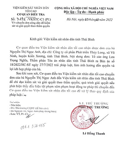 Văn bản số 3191/VKSTC-C1 (P1) ngày 10/10/2022 của Cơ quan Điều tra Viện KSND Tối cao.