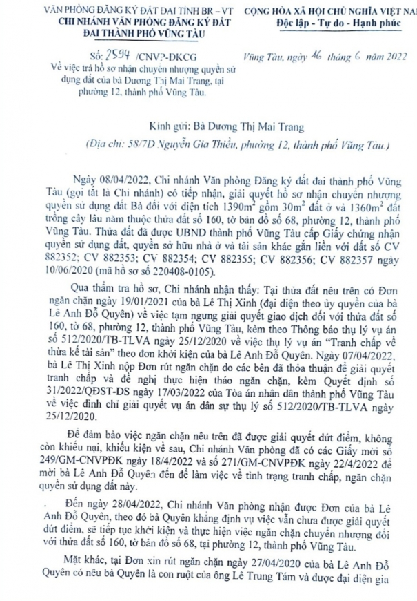 3.	Văn bản số: 2594/CNVP-DKCG ngày 16/6/2022, của Chi nhánh Văn phòng  ĐKĐĐ TP Vũng Tàu