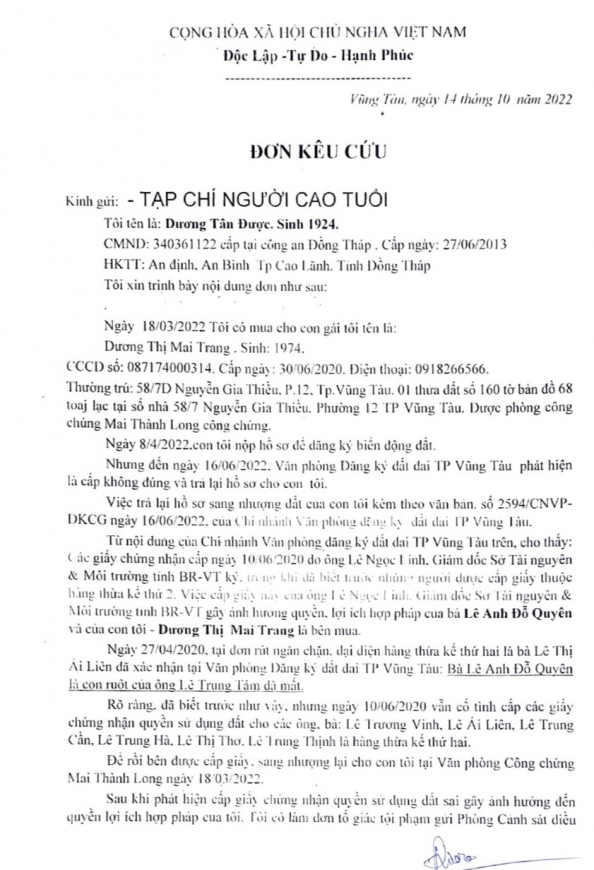 Cần xem xét, giải quyết đúng pháp luật “đơn kêu cứu” của cụ ông 98 tuổi