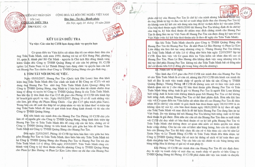 Kết luận điều tra số 336/VKSTC-C6 ngày 14/10/2009 của Cục Điều tra, Viện KSND Tối cao
