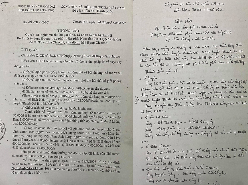 Biên bản họp triển khai công tác GPMB dự án Đường trục phát triển phía Nam tỉnh Hà Tây (cũ) và Thông báo số 18/TB-HĐBT  của Hội đồng BT,HT&TĐC huyện Thanh Oai.