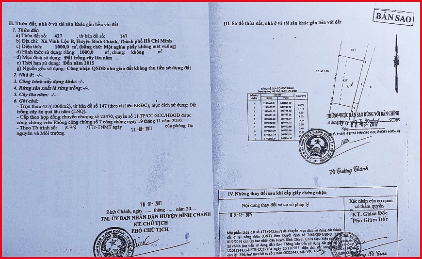 Giấy quyền sử dụng đất, quyền sở hữu nhà ở và tài sản khác gắn liền trên thửa đất 427 của vợ chồng ông Lê Bá Hưng bà Nguyễn Thị Yến